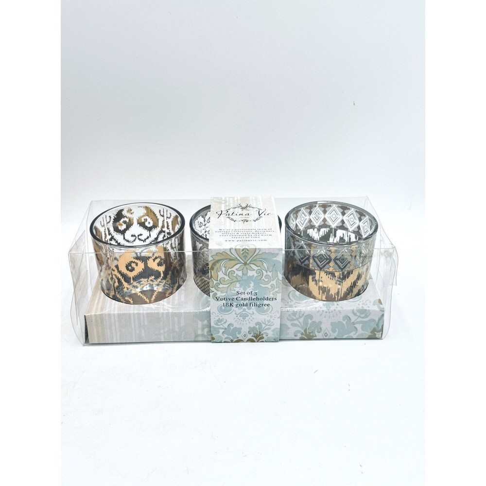 Patina Vie 18K Gold Filigree Set Of 3 Glass Candleholders New in Box
